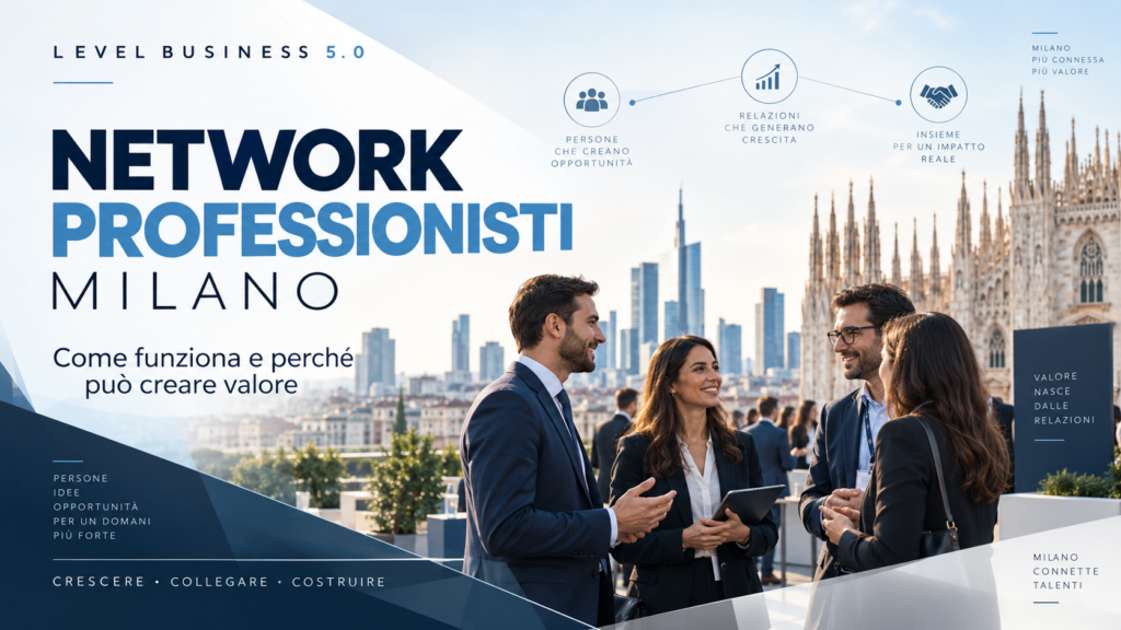 Network professionisti Milano con professionisti in incontro di networking davanti allo skyline di Milano.