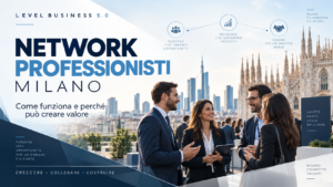 Network professionisti Milano con professionisti in incontro di networking davanti allo skyline di Milano.